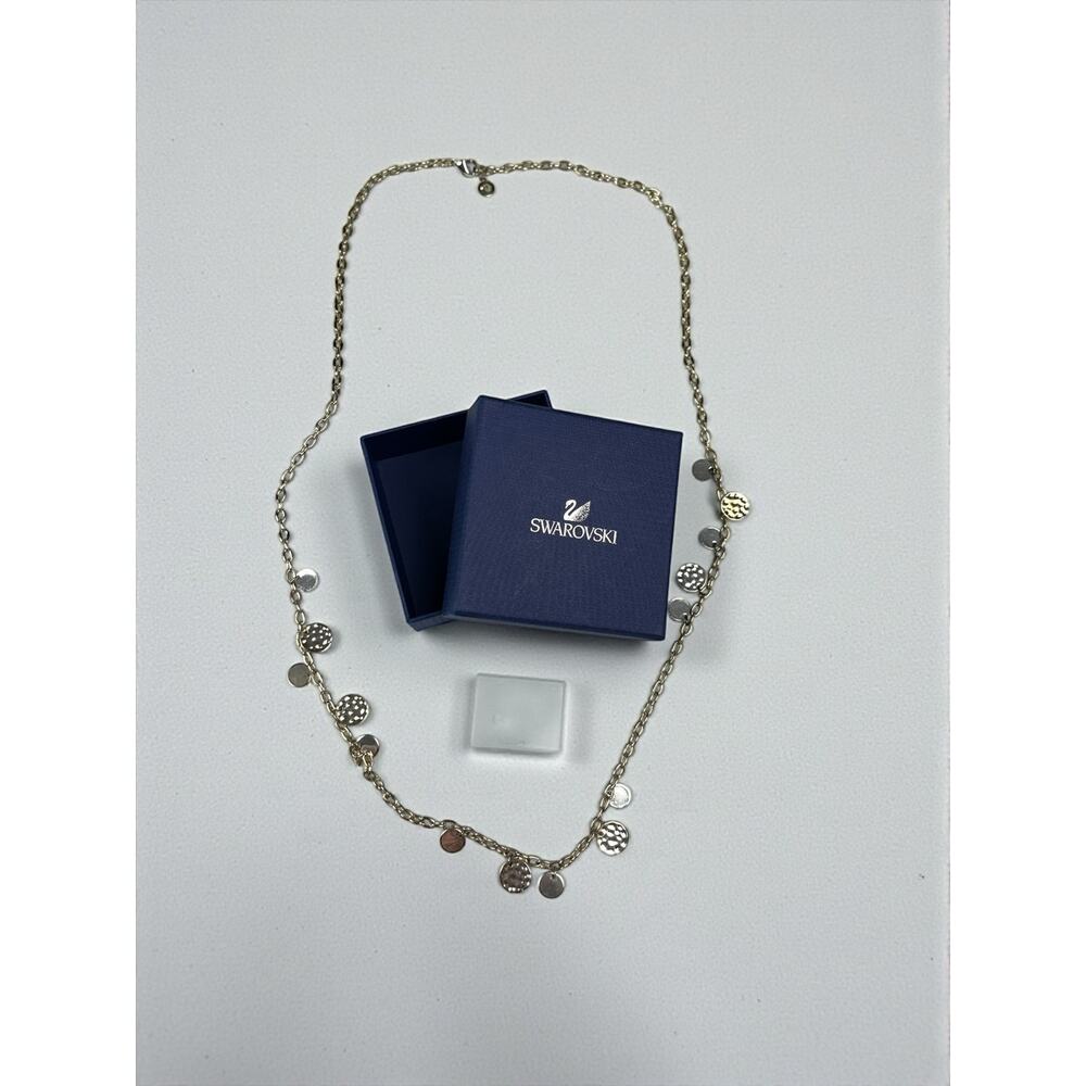 Swarovski Silver Tone Disc Charm Long Necklace Adjustable Lobster Clasp w/ Box
